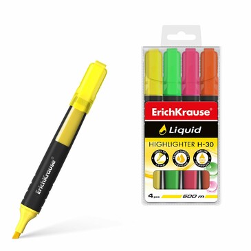 Текстмаркер с жидкими чернилами Liquid H-30, цвет чернил желтый, зеленый, розовый, оранжевый (4 шт.) ErichKrause